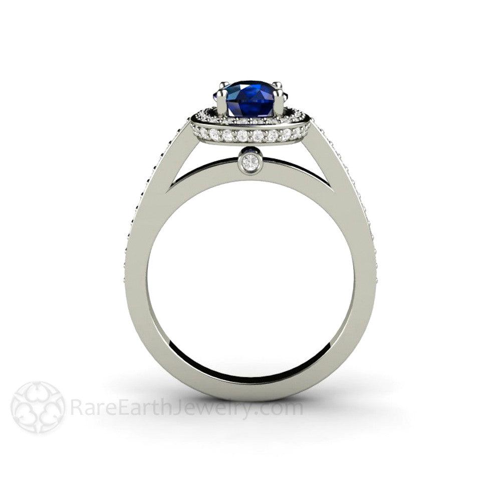 Blue Sapphire Engagement Ring Cushion Cut Diamond Halo, Rare Earth Jewelry