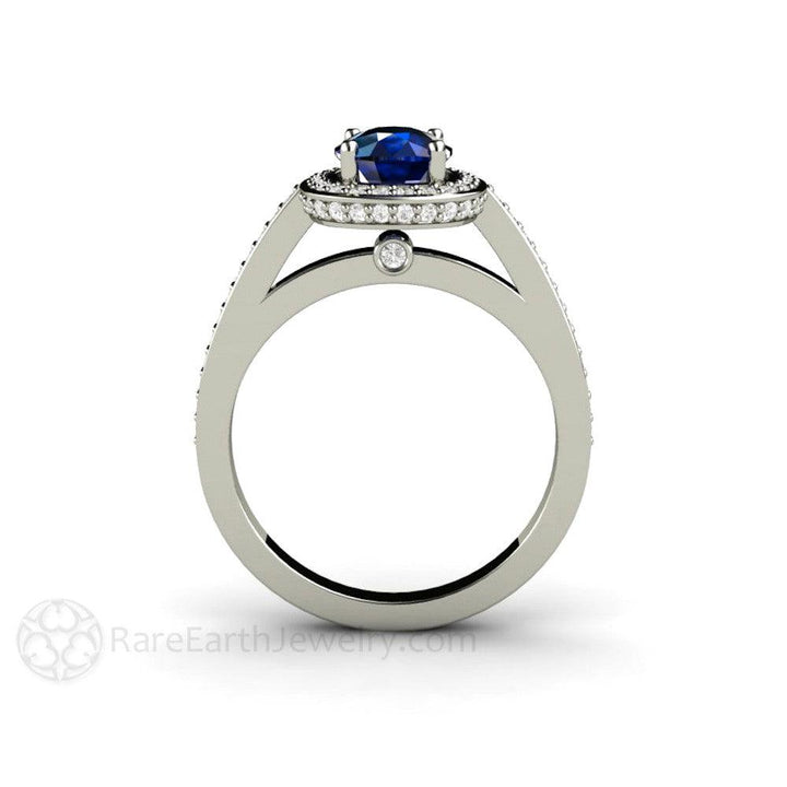 Blue Sapphire Engagement Ring Cushion Cut Diamond Halo, Rare Earth Jewelry