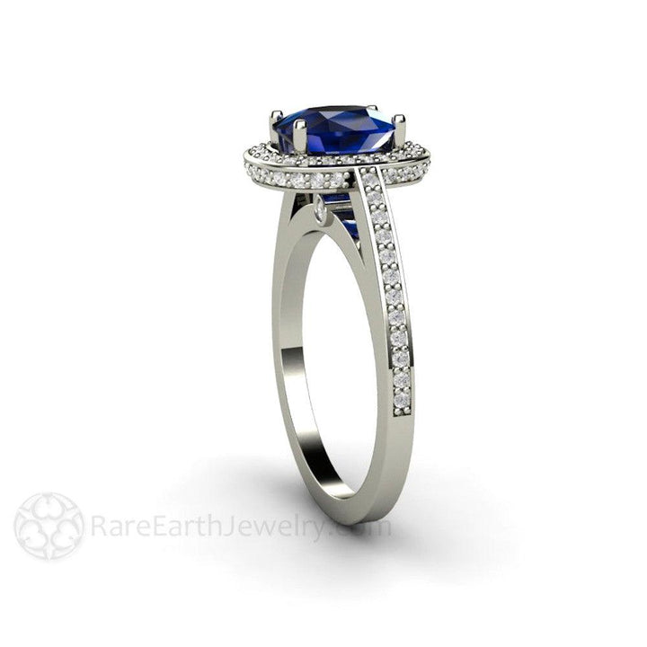 Blue Sapphire Engagement Ring Cushion Cut Diamond Halo, Rare Earth Jewelry