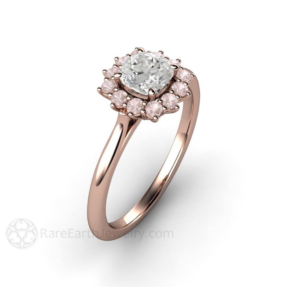 Cushion Cut Diamond Engagement Ring Pink Diamond Halo Cluster, Rare Earth Jewelry
