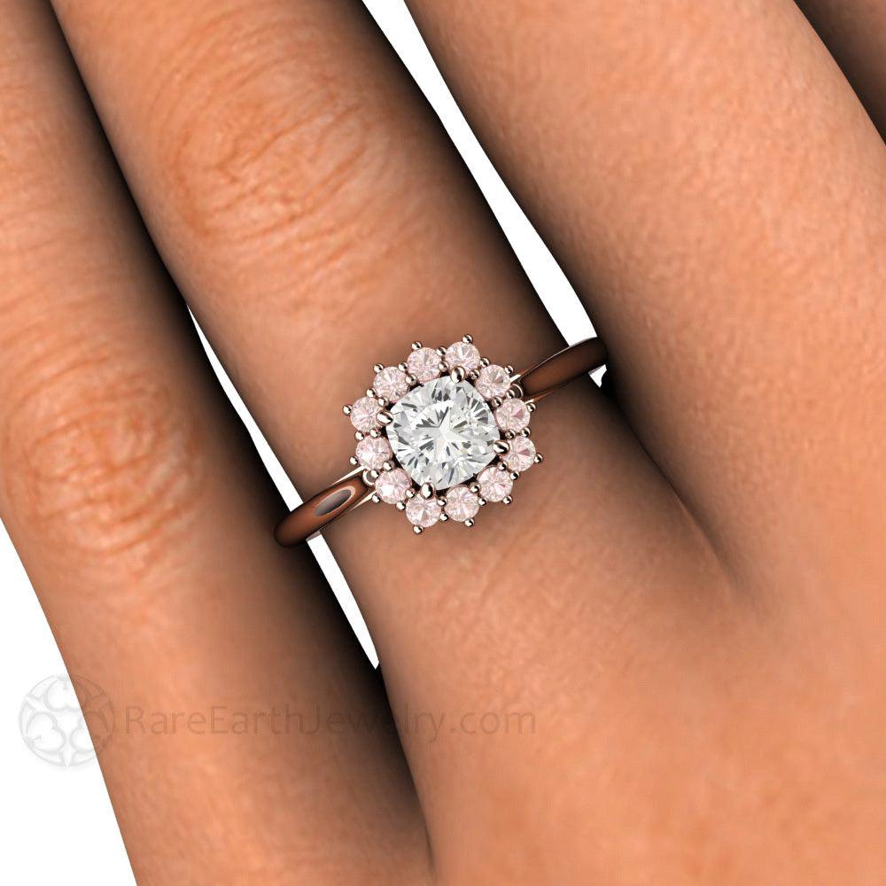 Cushion Cut Diamond Engagement Ring Pink Diamond Halo Cluster, Rare Earth Jewelry