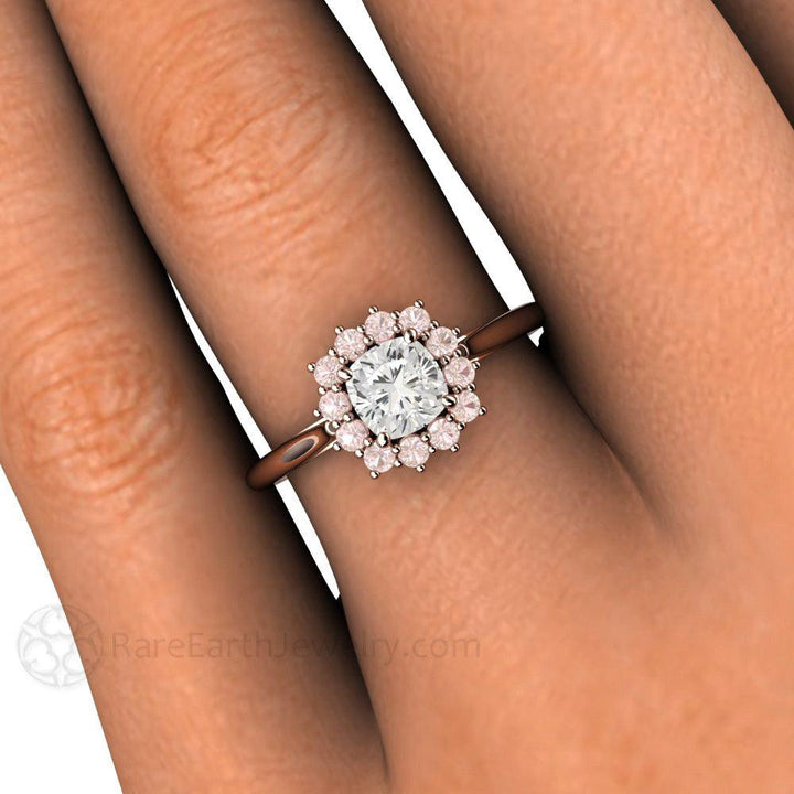 Cushion Cut Diamond Engagement Ring Pink Diamond Halo Cluster, Rare Earth Jewelry