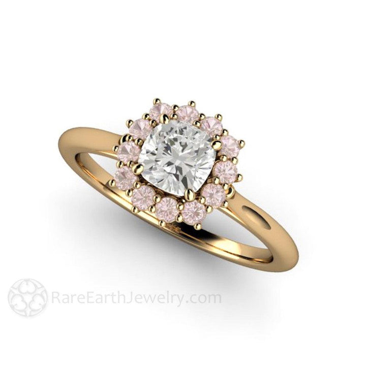 Cushion Cut Diamond Engagement Ring Pink Diamond Halo Cluster, Rare Earth Jewelry