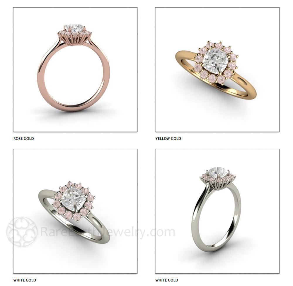 Cushion Cut Diamond Engagement Ring Pink Diamond Halo Cluster, Rare Earth Jewelry