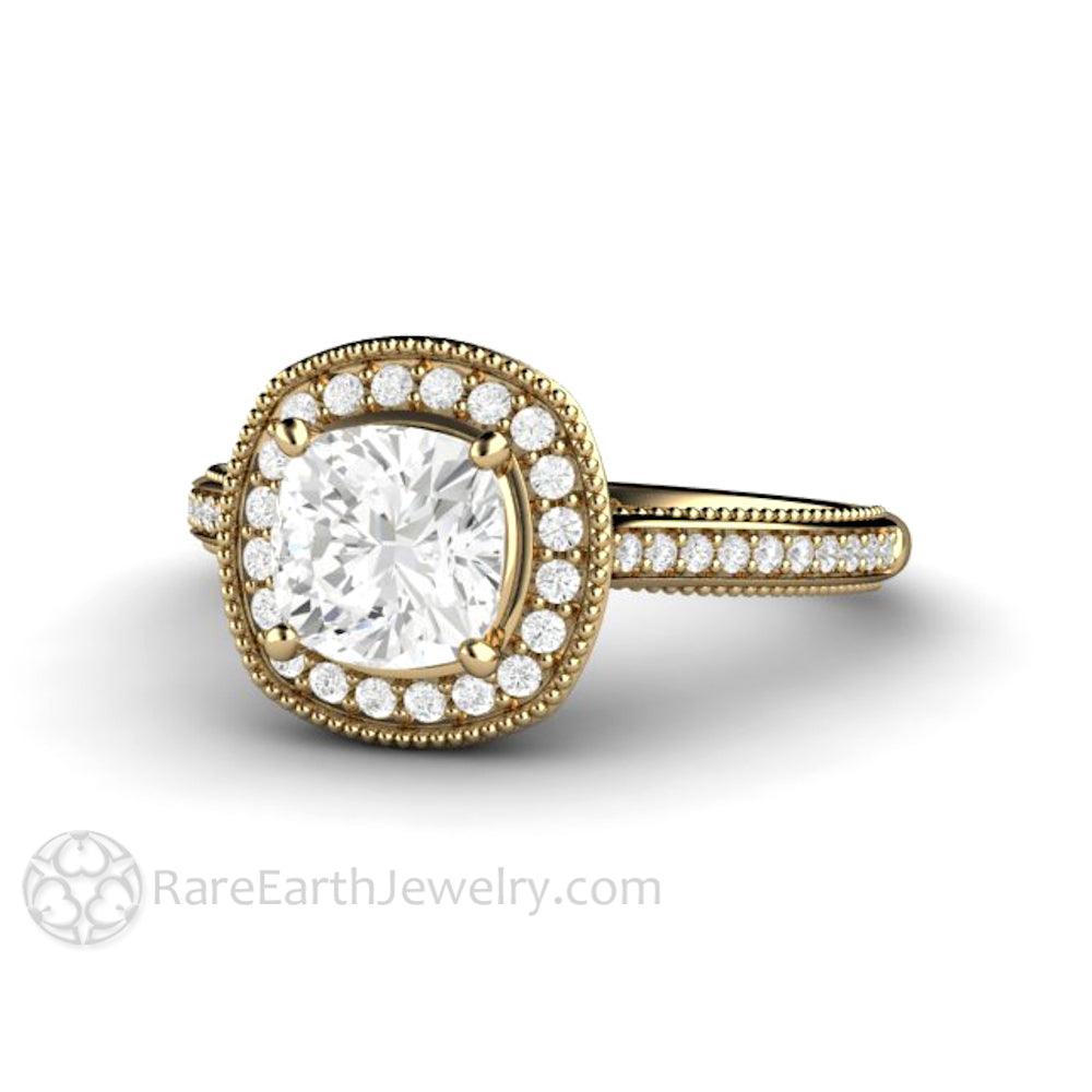 Cushion Cut Forever One Moissanite Engagement Ring Vintage Filigree Halo, Rare Earth Jewelry