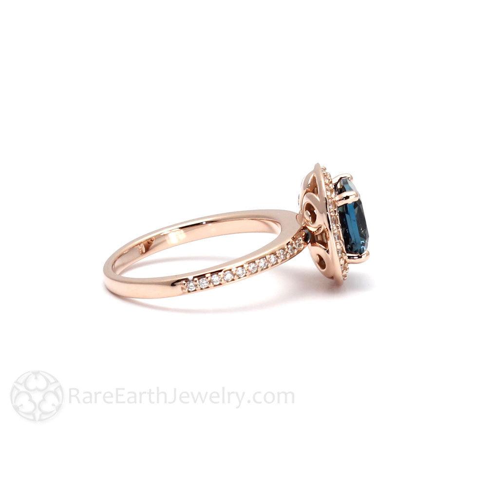 London Blue Topaz Cushion Cut Engagement Ring | Diamond Halo | December Birthstone, Rare Earth Jewelry