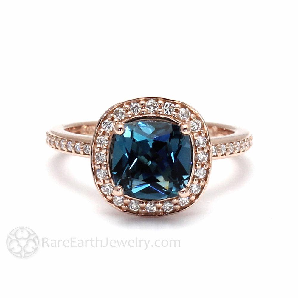 London Blue Topaz Cushion Cut Engagement Ring | Diamond Halo | December Birthstone, Rare Earth Jewelry