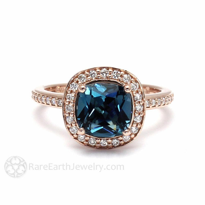 London Blue Topaz Cushion Cut Engagement Ring | Diamond Halo | December Birthstone, Rare Earth Jewelry