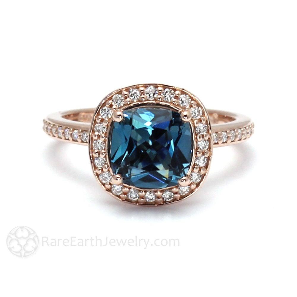 London Blue Topaz Cushion Cut Engagement Ring | Diamond Halo | December Birthstone, Rare Earth Jewelry