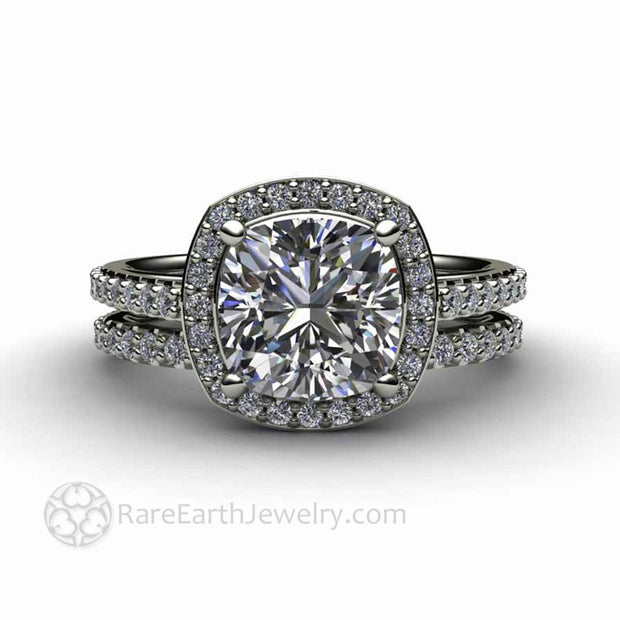 Cushion Cut Moissanite Engagement Ring Pave Diamond Halo 14K White Gold - Wedding Set - Rare Earth Jewelry