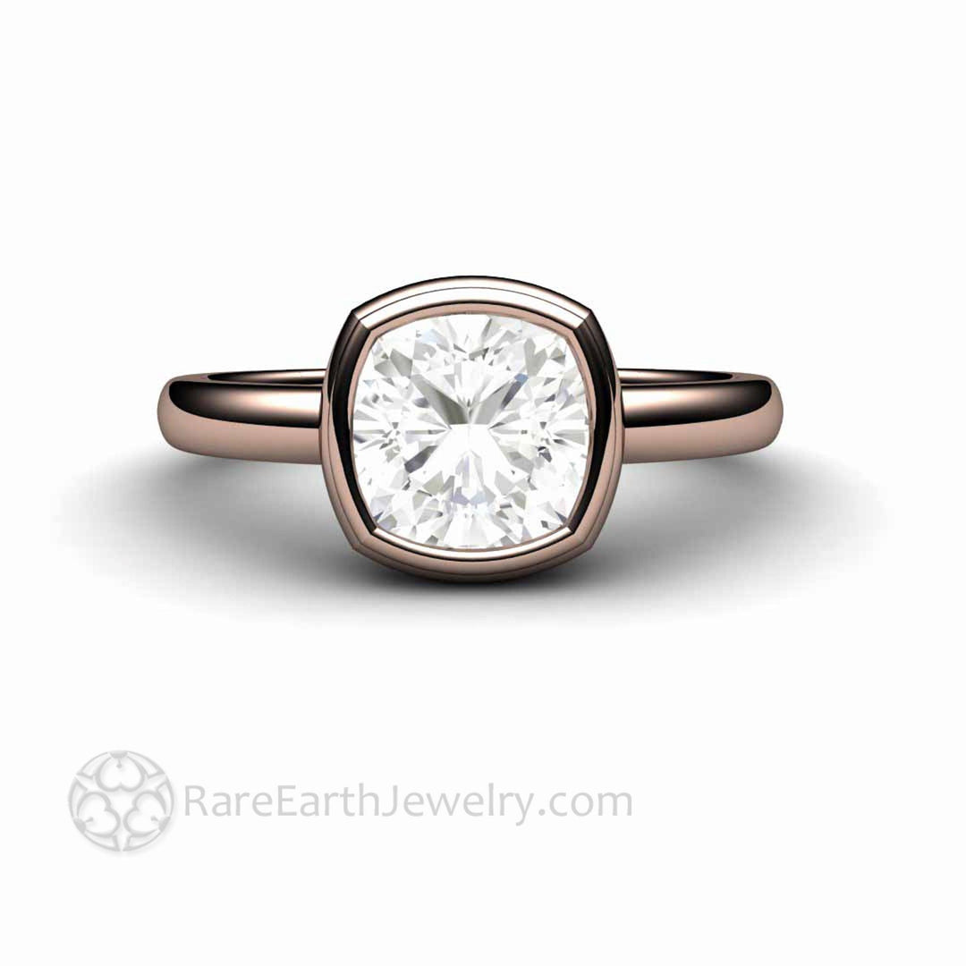Simple Bezel Set Moissanite Cushion Solitaire Engagement Ring, Rare Earth Jewelry