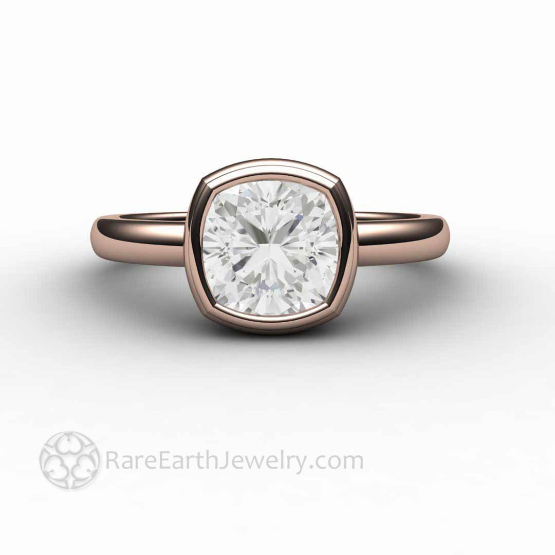 Simple Bezel Set Moissanite Cushion Solitaire Engagement Ring, Rare Earth Jewelry