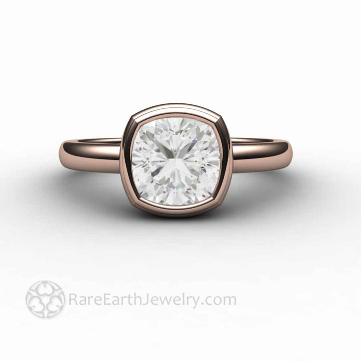 Simple Bezel Set Moissanite Cushion Solitaire Engagement Ring, Rare Earth Jewelry