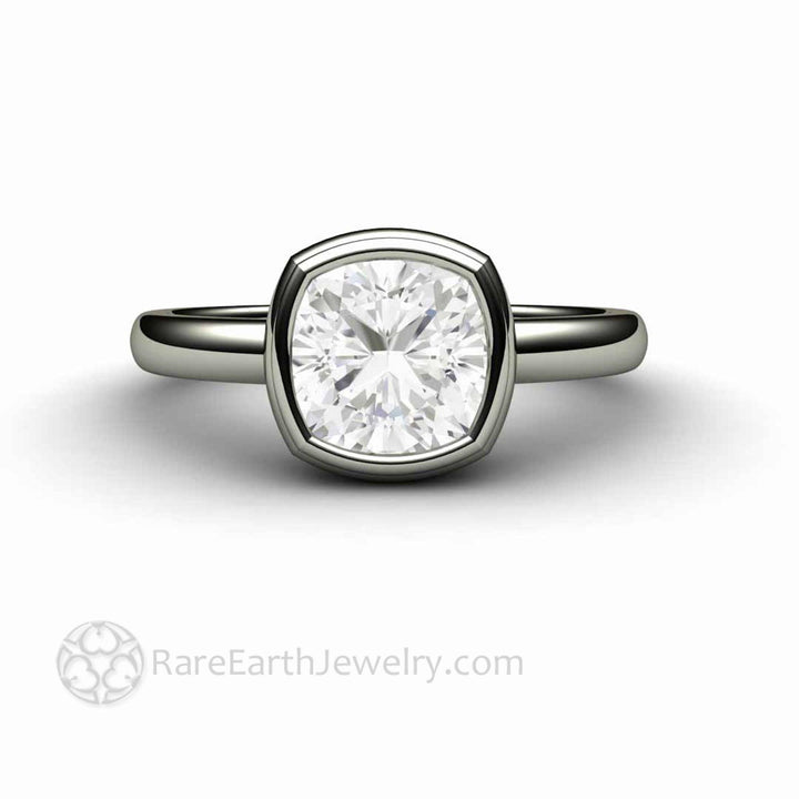 Simple Bezel Set Moissanite Cushion Solitaire Engagement Ring, Rare Earth Jewelry