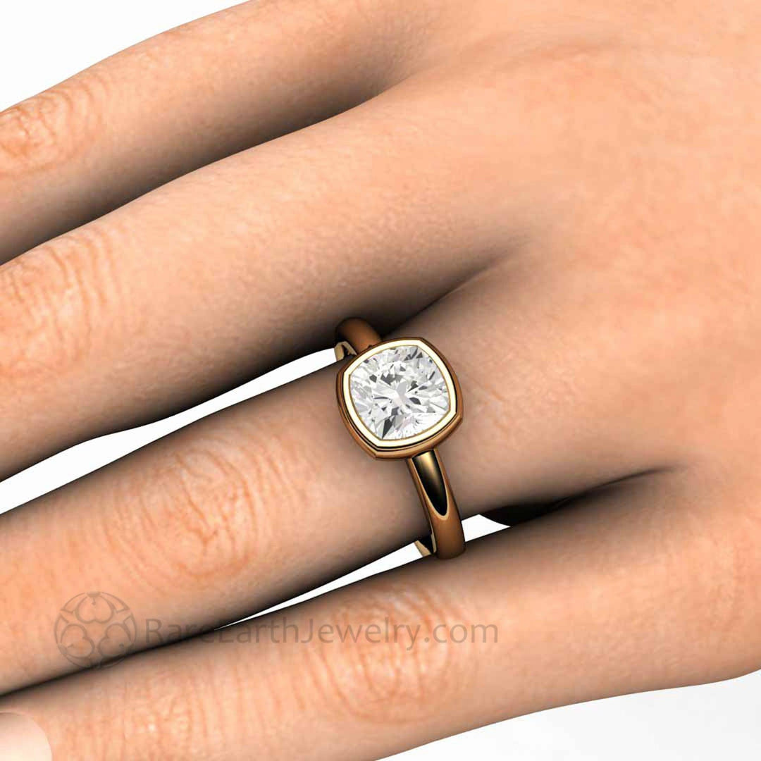 Simple Bezel Set Moissanite Cushion Solitaire Engagement Ring, Rare Earth Jewelry