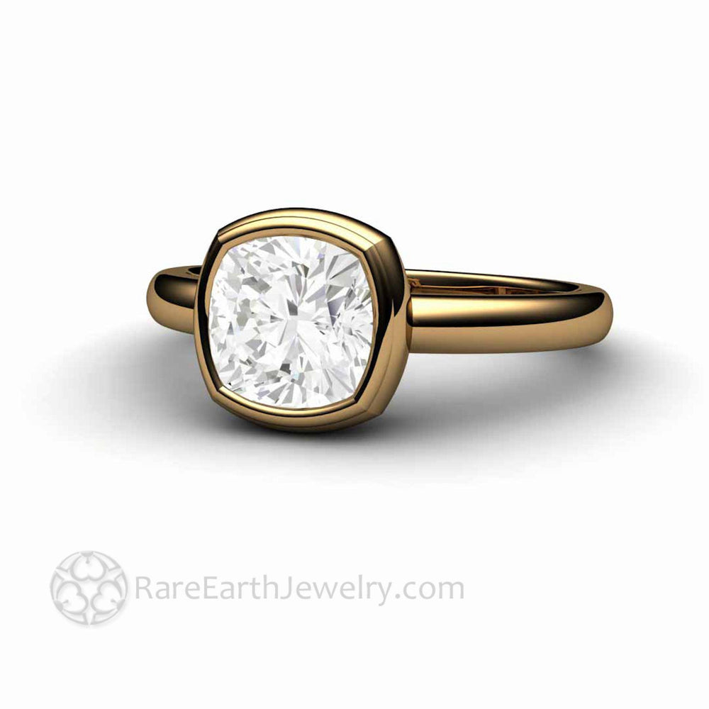 Simple Bezel Set Moissanite Cushion Solitaire Engagement Ring, Rare Earth Jewelry