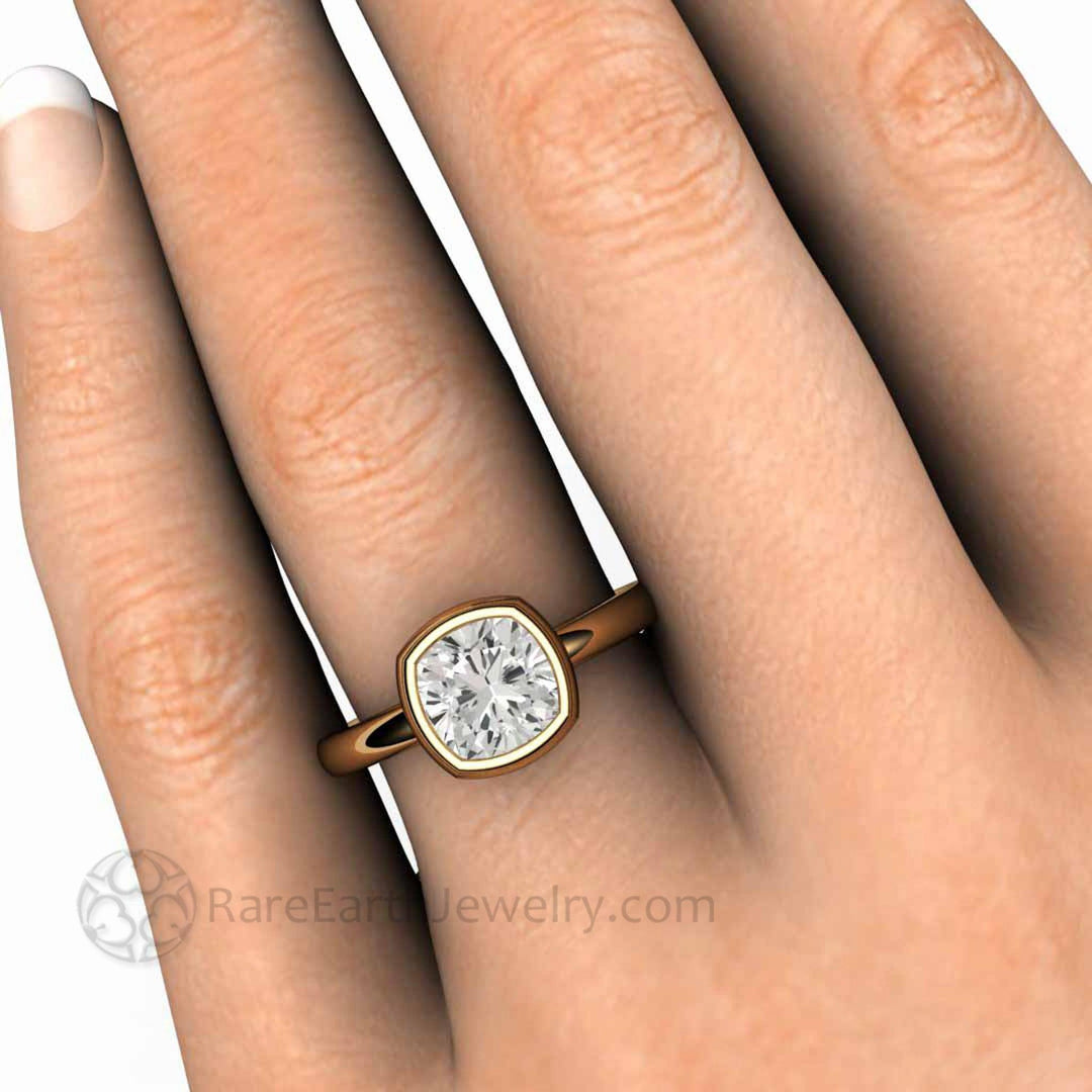 Simple Bezel Set Moissanite Cushion Solitaire Engagement Ring, Rare Earth Jewelry