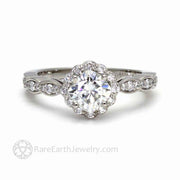 Cushion Cut Moissanite Halo Engagement Ring with Diamonds 14K White Gold - Rare Earth Jewelry