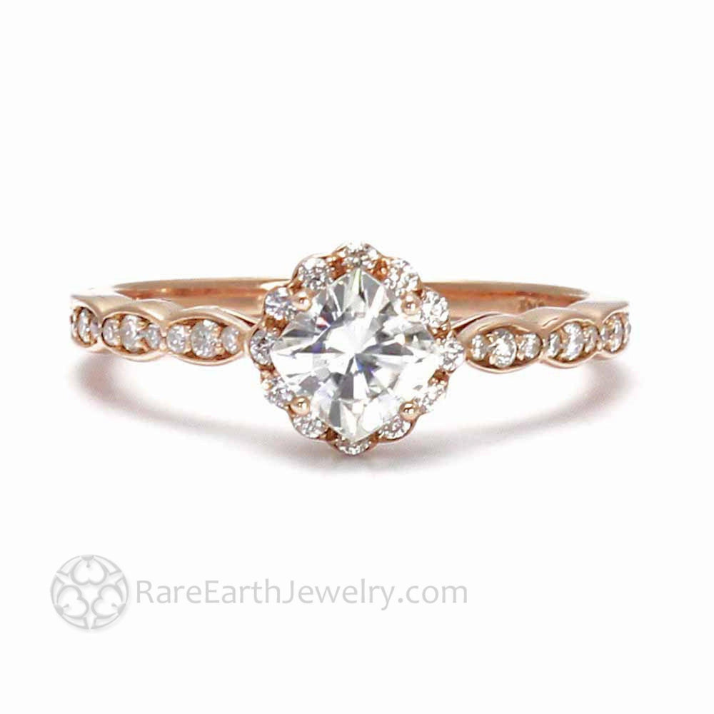Cushion Cut Moissanite Engagement Ring | Vintage Inspired Diamond Halo, Rare Earth Jewelry