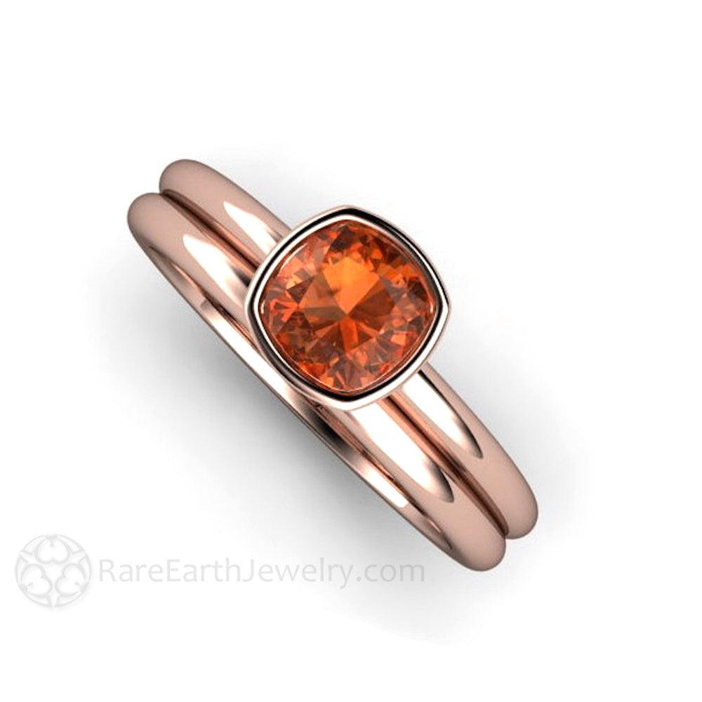 Orange Sapphire Engagement Ring Bezel Set Cushion Cut Solitaire, Rare Earth Jewelry