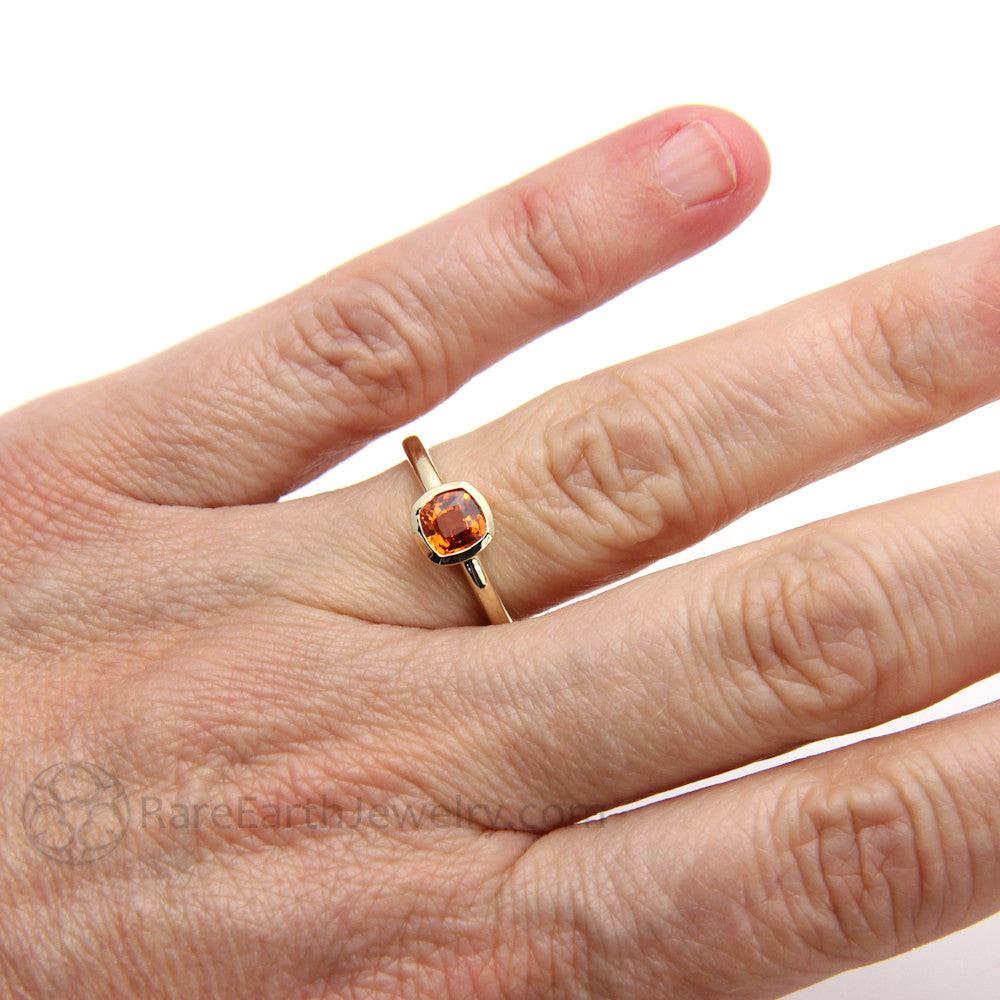 Orange Sapphire Engagement Ring Bezel Set Cushion Cut Solitaire, Rare Earth Jewelry