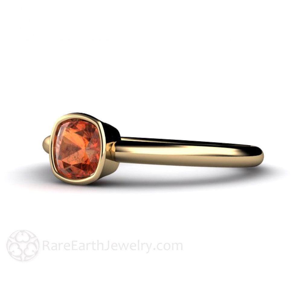 Orange Sapphire Engagement Ring Bezel Set Cushion Cut Solitaire, Rare Earth Jewelry