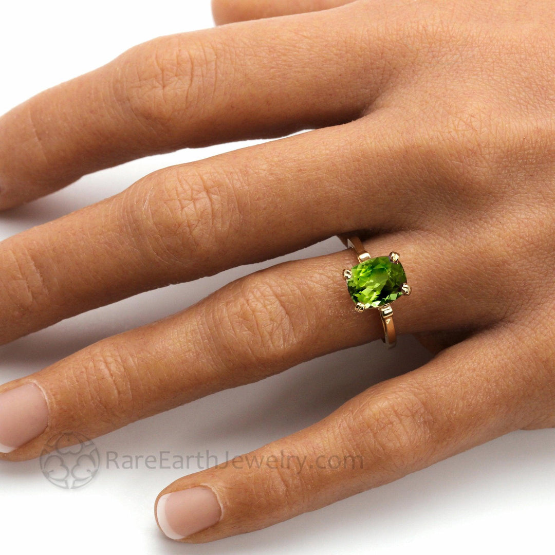 Cushion Cut Peridot Ring | Fleur De Lis Design Solitaire August Birthstone, Rare Earth Jewelry