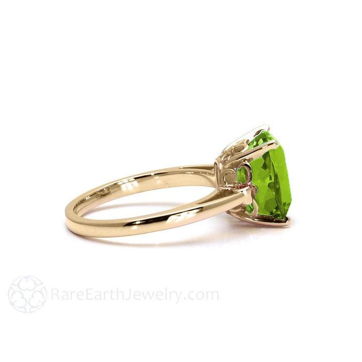 Cushion Cut Peridot Ring | Fleur De Lis Design Solitaire August Birthstone, Rare Earth Jewelry