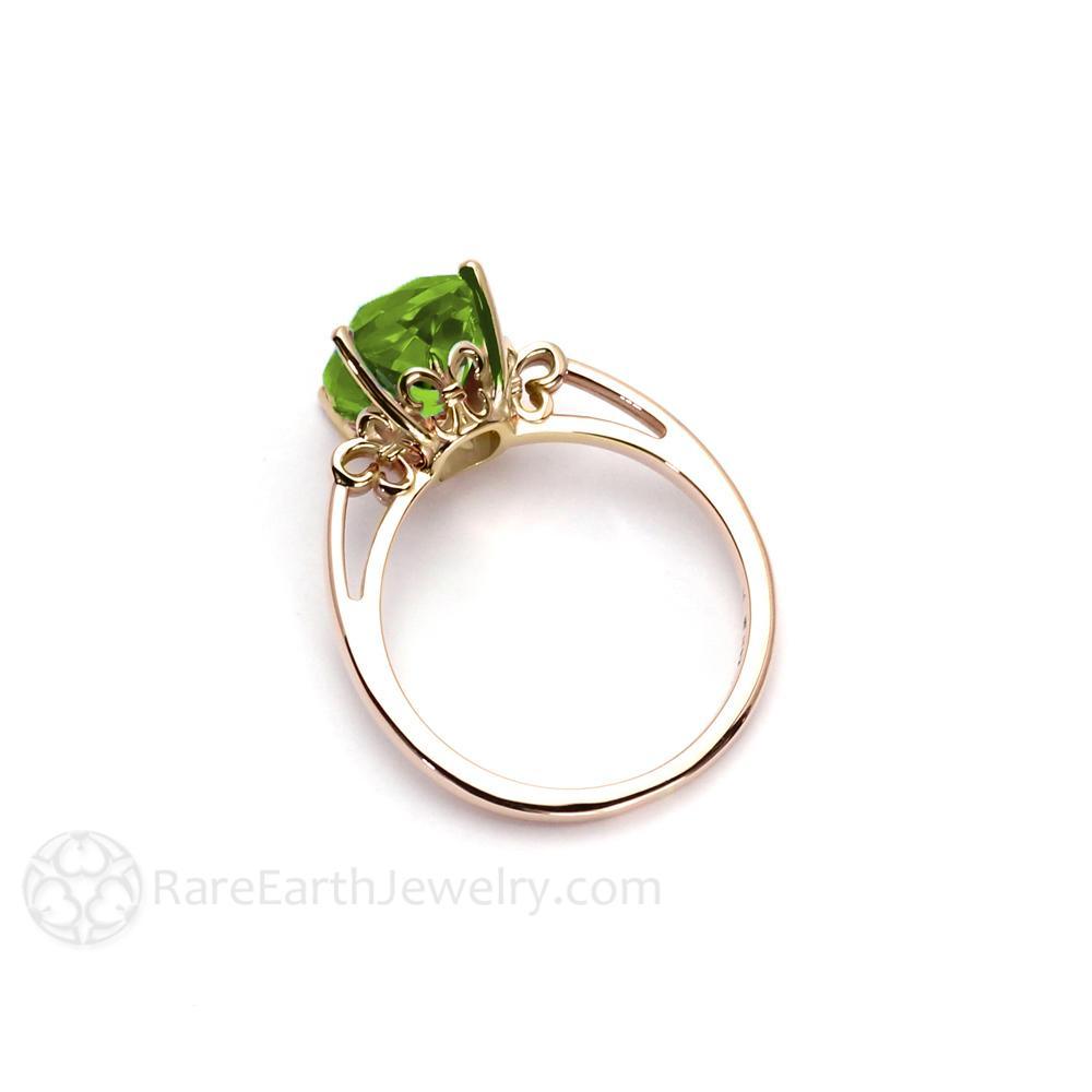 Cushion Cut Peridot Ring | Fleur De Lis Design Solitaire August Birthstone, Rare Earth Jewelry