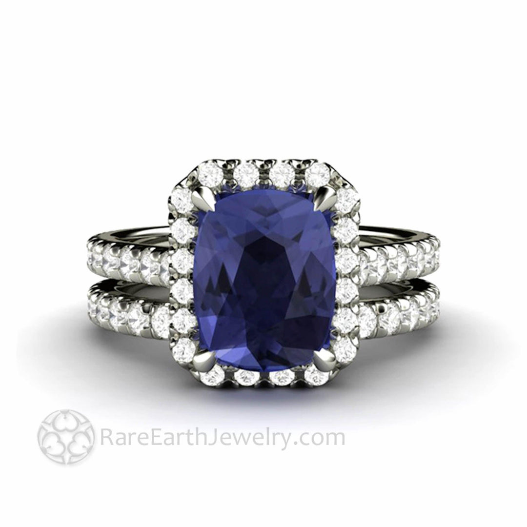 Cushion Cut Tanzanite Engagement Ring | French Pave Diamond Halo, Rare Earth Jewelry
