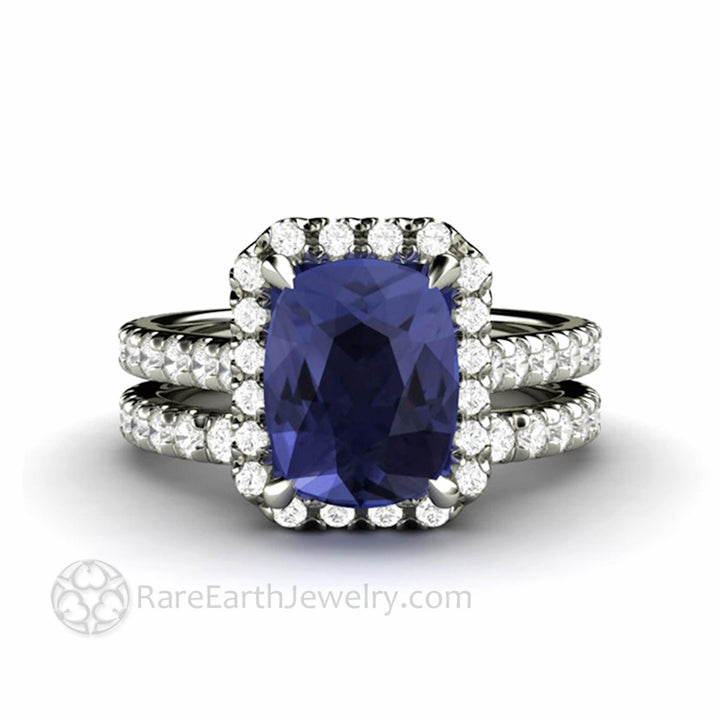 Cushion Cut Tanzanite Engagement Ring | French Pave Diamond Halo, Rare Earth Jewelry