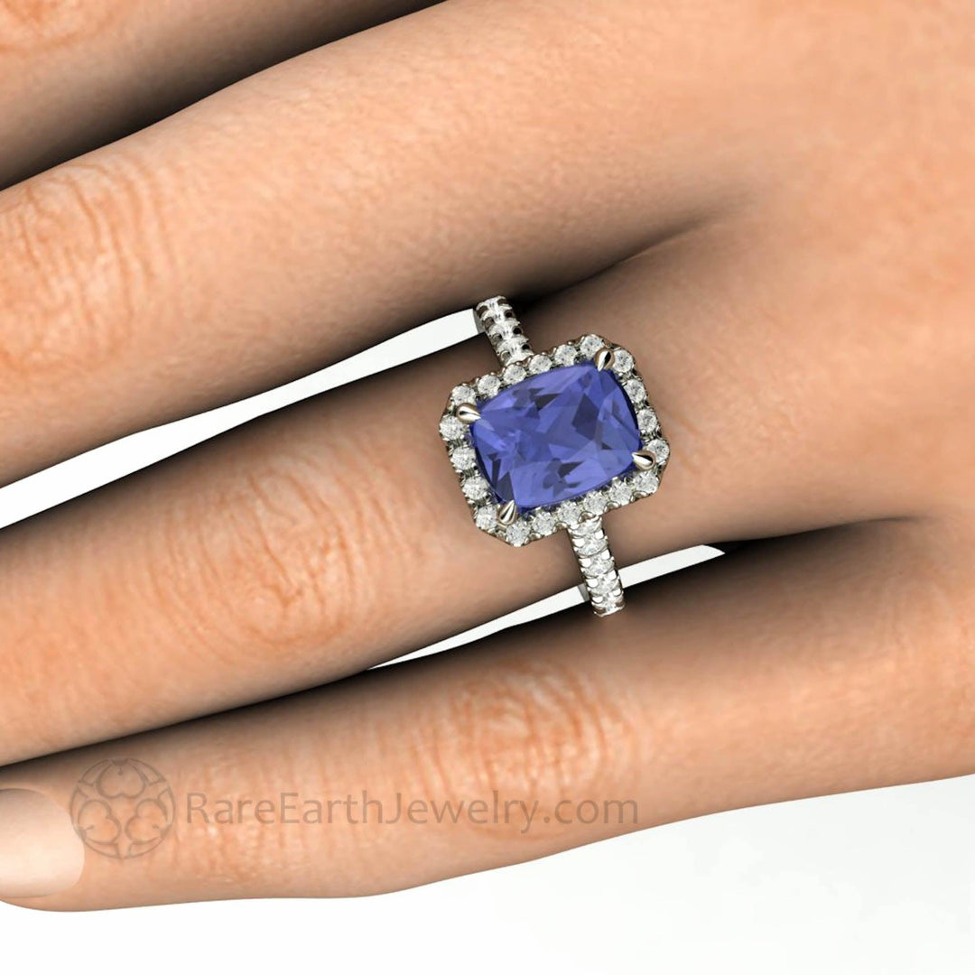 Cushion Cut Tanzanite Engagement Ring | French Pave Diamond Halo, Rare Earth Jewelry