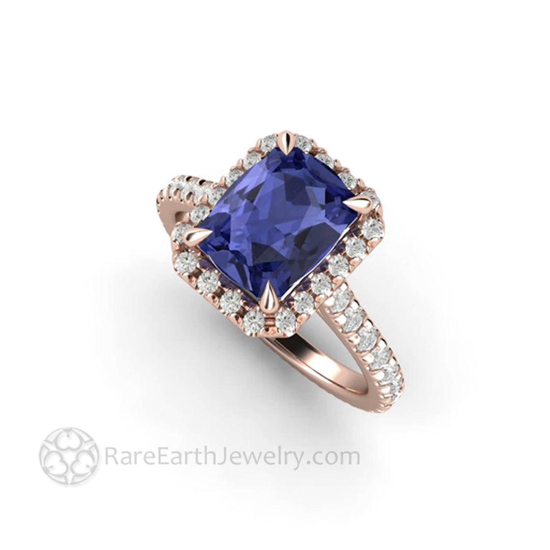 Cushion Cut Tanzanite Engagement Ring | French Pave Diamond Halo, Rare Earth Jewelry