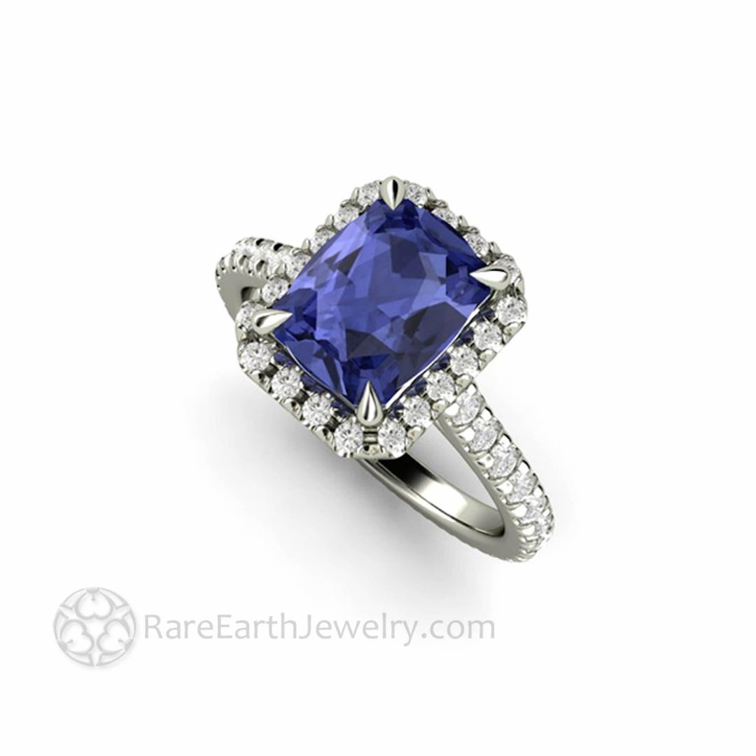 Cushion Cut Tanzanite Engagement Ring | French Pave Diamond Halo, Rare Earth Jewelry