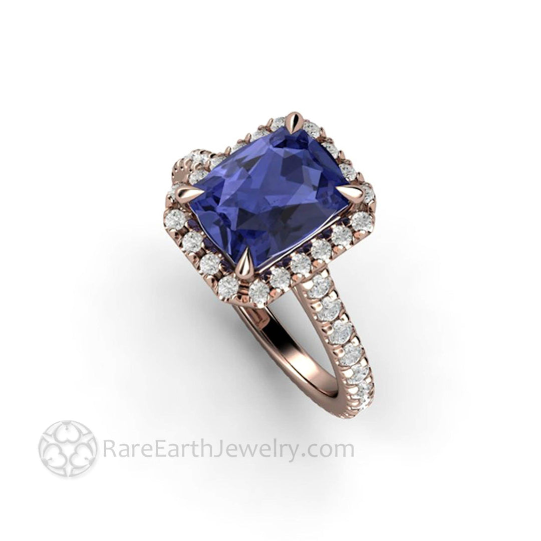Cushion Cut Tanzanite Engagement Ring | French Pave Diamond Halo, Rare Earth Jewelry