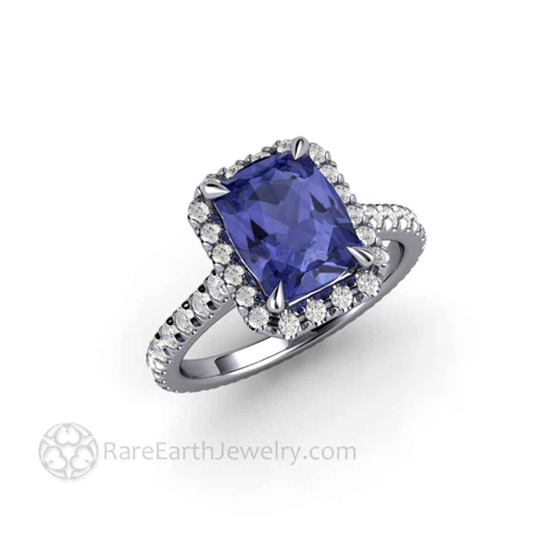 Cushion Cut Tanzanite Engagement Ring | French Pave Diamond Halo, Rare Earth Jewelry