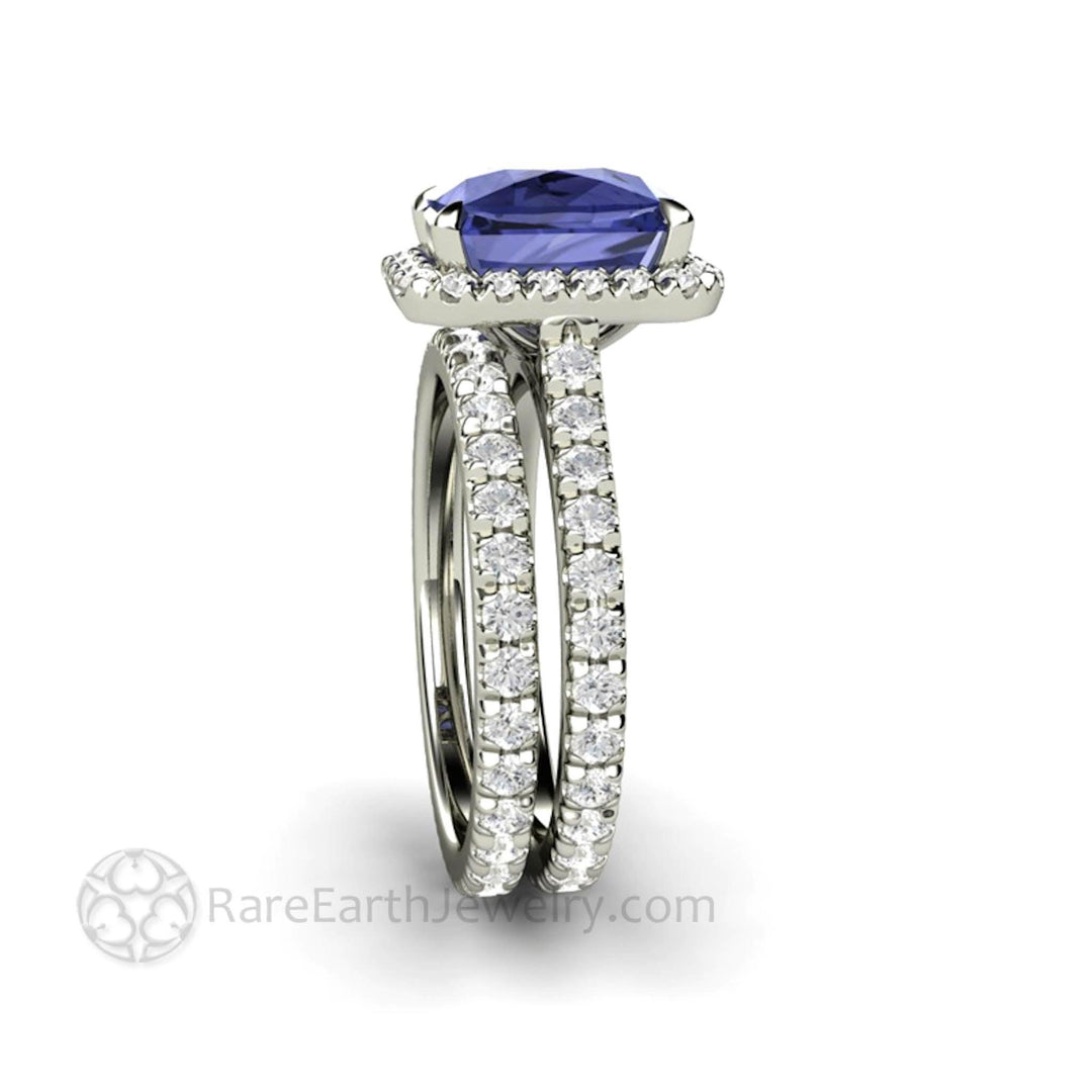 Cushion Cut Tanzanite Engagement Ring | French Pave Diamond Halo, Rare Earth Jewelry