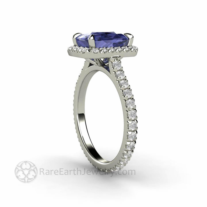 Cushion Cut Tanzanite Engagement Ring | French Pave Diamond Halo, Rare Earth Jewelry