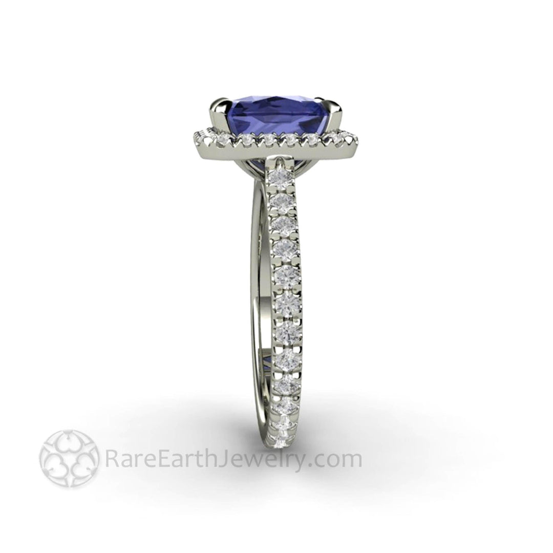 Cushion Cut Tanzanite Engagement Ring | French Pave Diamond Halo, Rare Earth Jewelry
