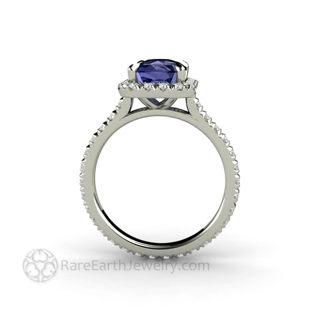 Cushion Cut Tanzanite Engagement Ring | French Pave Diamond Halo, Rare Earth Jewelry