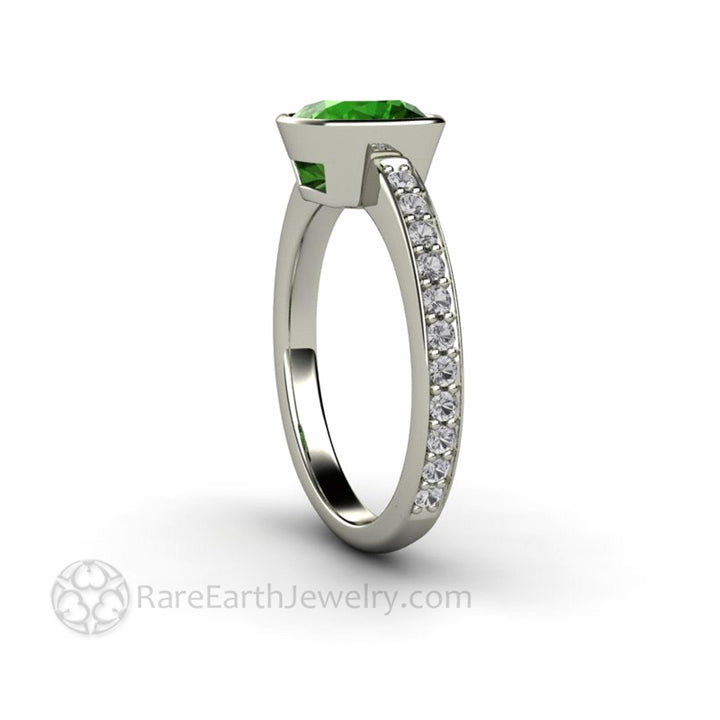 Natural Green Tourmaline Ring | Cushion Cut Bezel Set Solitaire Diamond Accents, Rare Earth Jewelry
