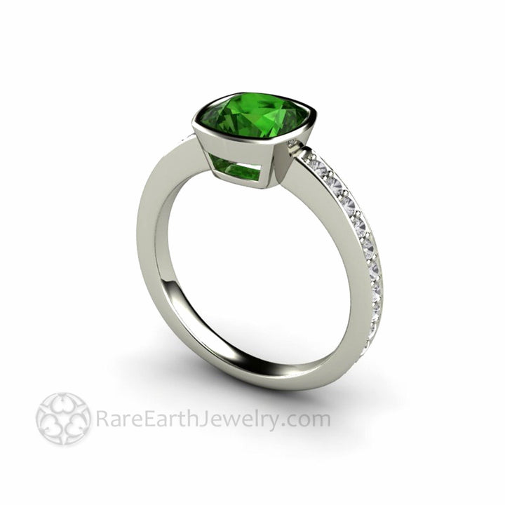 Natural Green Tourmaline Ring | Cushion Cut Bezel Set Solitaire Diamond Accents, Rare Earth Jewelry