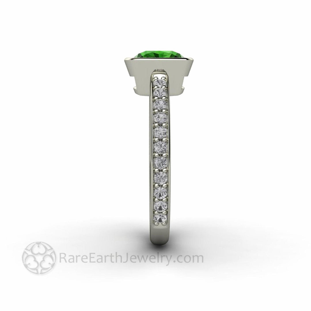 Natural Green Tourmaline Ring | Cushion Cut Bezel Set Solitaire Diamond Accents, Rare Earth Jewelry