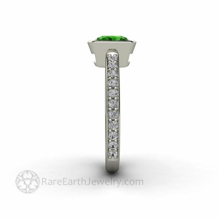 Natural Green Tourmaline Ring | Cushion Cut Bezel Set Solitaire Diamond Accents, Rare Earth Jewelry