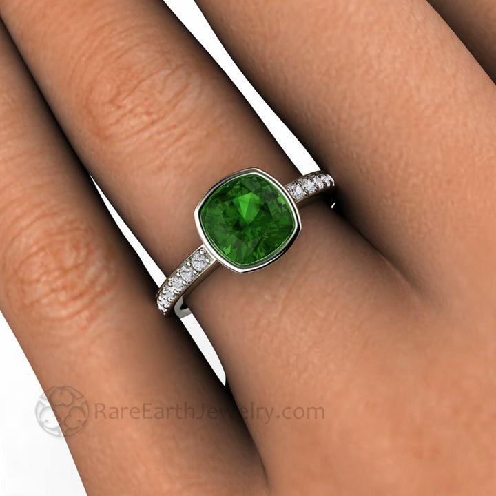 Natural Green Tourmaline Ring | Cushion Cut Bezel Set Solitaire Diamond Accents, Rare Earth Jewelry