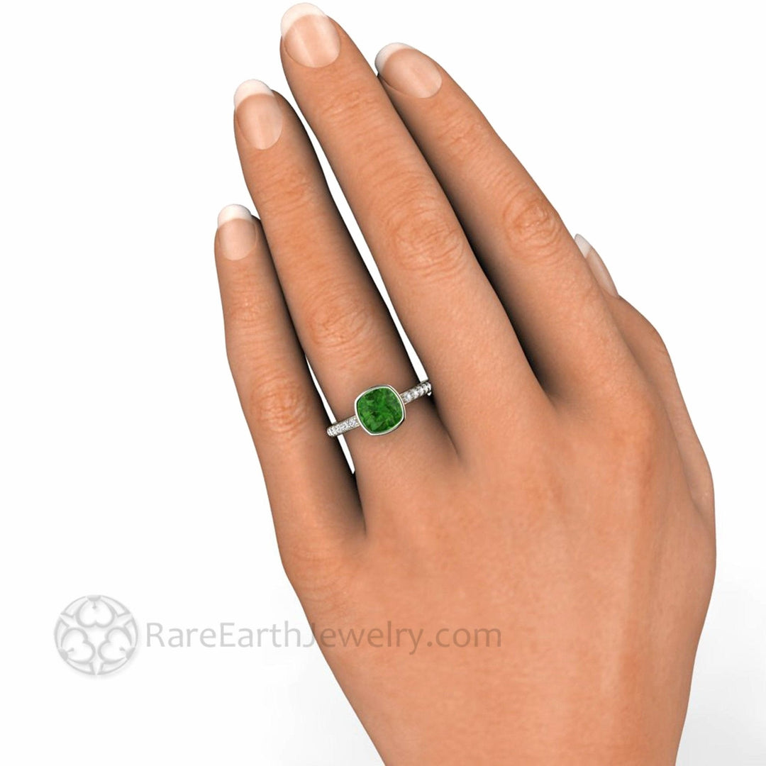 Natural Green Tourmaline Ring | Cushion Cut Bezel Set Solitaire Diamond Accents, Rare Earth Jewelry