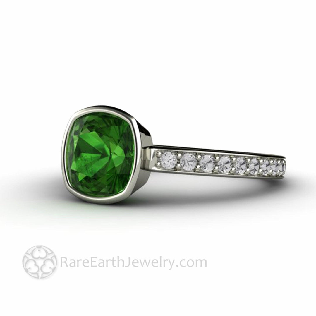 Natural Green Tourmaline Ring | Cushion Cut Bezel Set Solitaire Diamond Accents, Rare Earth Jewelry