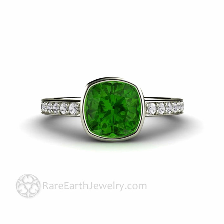 Natural Green Tourmaline Ring | Cushion Cut Bezel Set Solitaire Diamond Accents, Rare Earth Jewelry