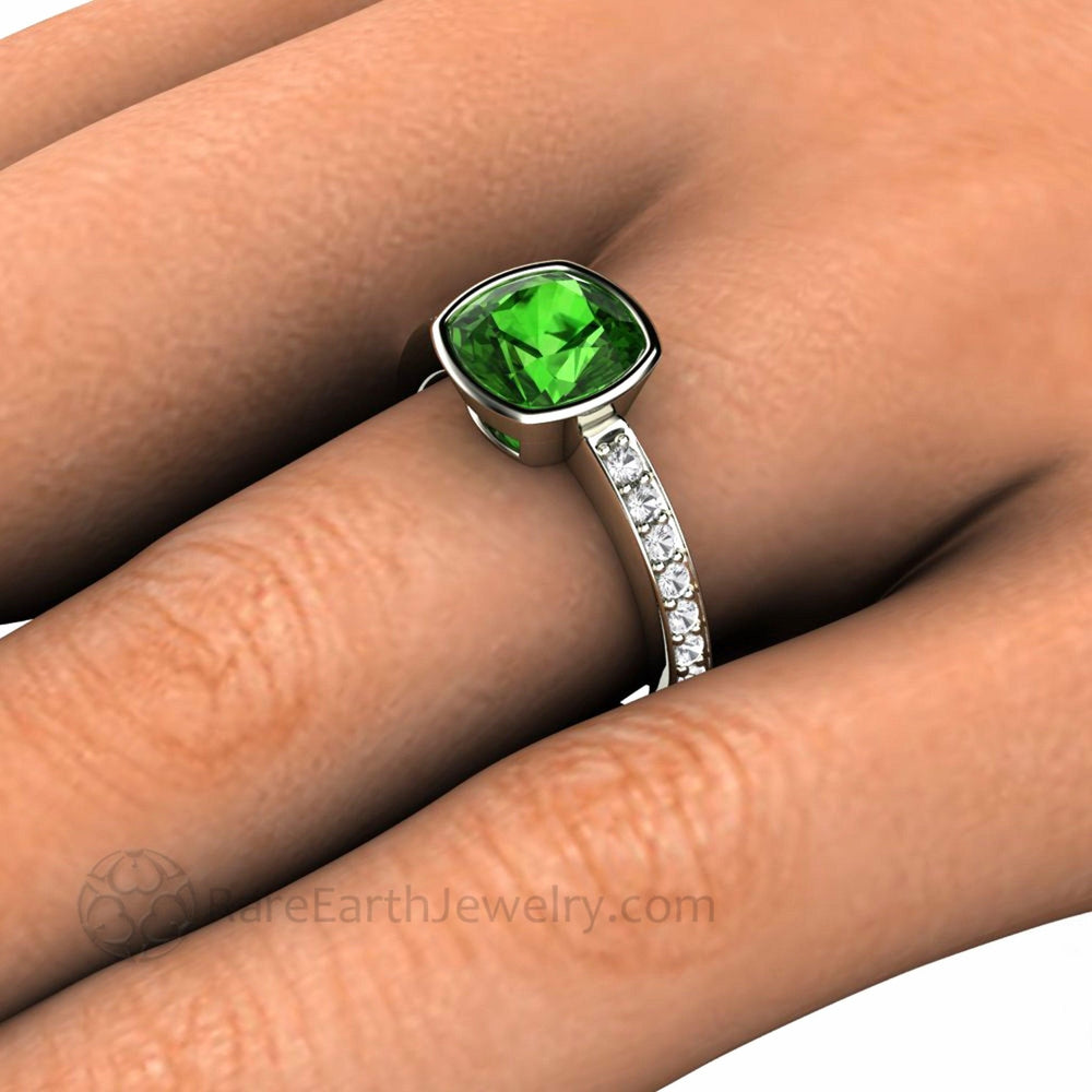 Natural Green Tourmaline Ring | Cushion Cut Bezel Set Solitaire Diamond Accents, Rare Earth Jewelry