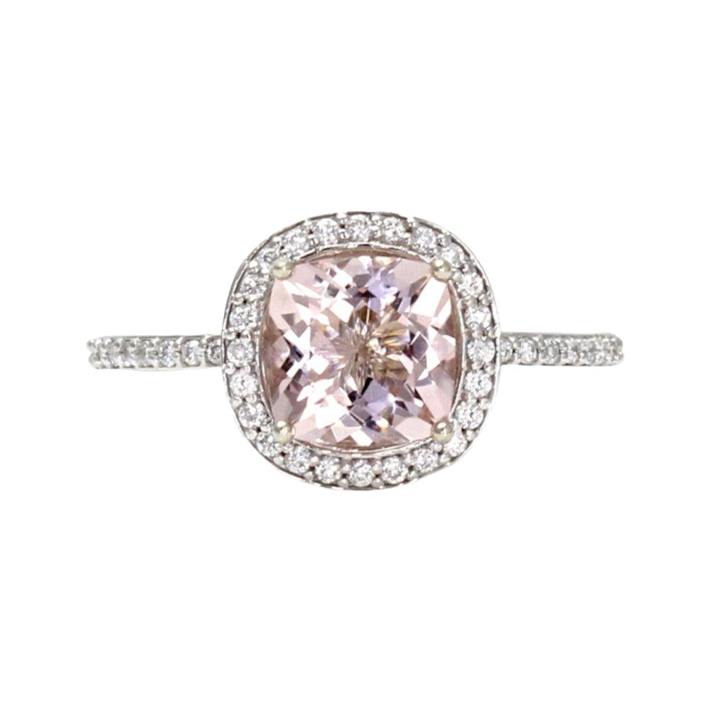 Cushion Cut Morganite Engagement Ring | Gold or Platinum Diamond Halo, Rare Earth Jewelry